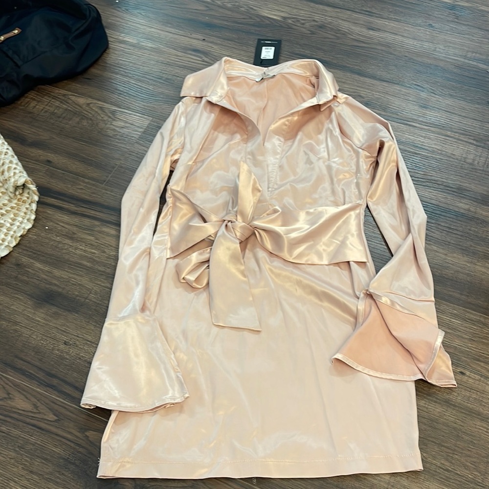 Fashion Nova Shiny Blush Satin Tie-Waist Mini Dress